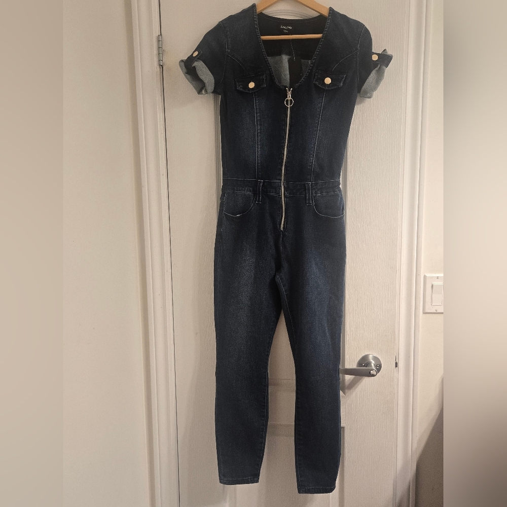 bebe Dark Blue Women's V Neck Denim Jumpsuit